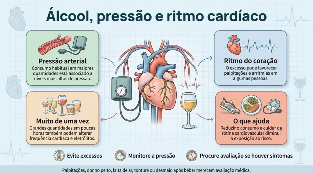 Quantidade, frequência e padrão de consumo influenciam a relação entre álcool, pressão arterial e ritmo cardíaco.