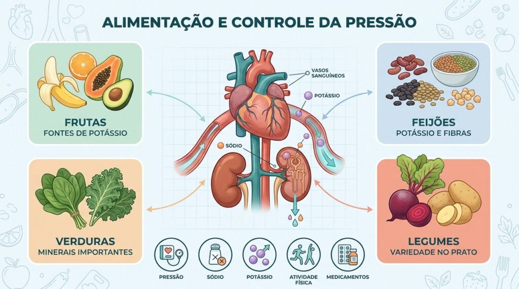 Potássio, alimentos naturais, menos sódio e hábitos saudáveis formam um cuidado mais completo.