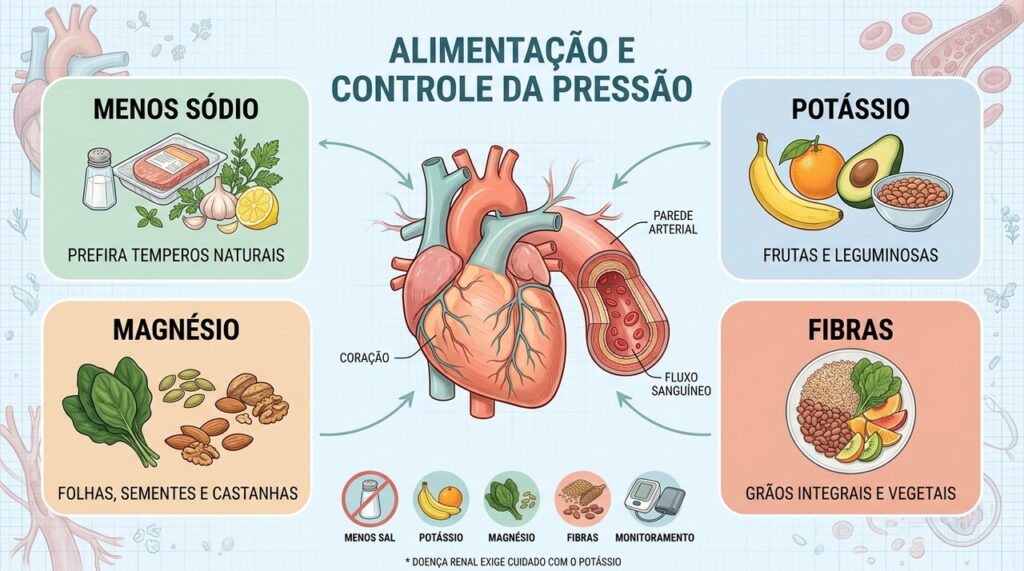 Potássio, magnésio, fibras e redução do sódio integram estratégias alimentares para controlar a hipertensão.