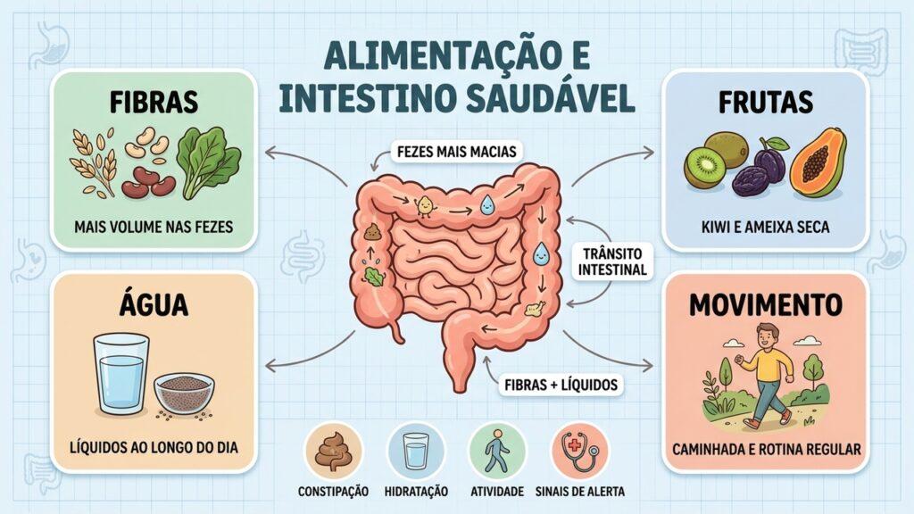 Quatro pilares contra a constipação: fibras, frutas, água e movimento, com hábitos regulares.