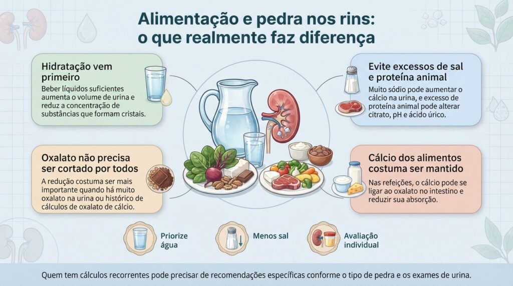 Para prevenir cálculos, hidratação, redução do excesso de sal e ajustes individualizados costumam ser mais importantes do que dietas muito restritivas.