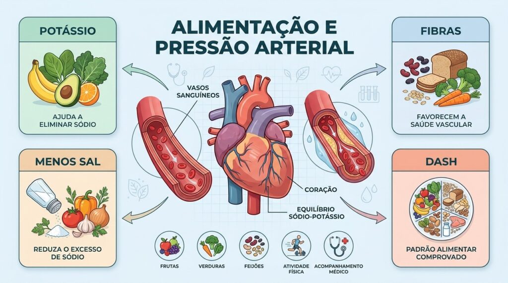 Potássio, fibras, menos sal e padrão DASH reforçam estratégias para controlar a pressão.