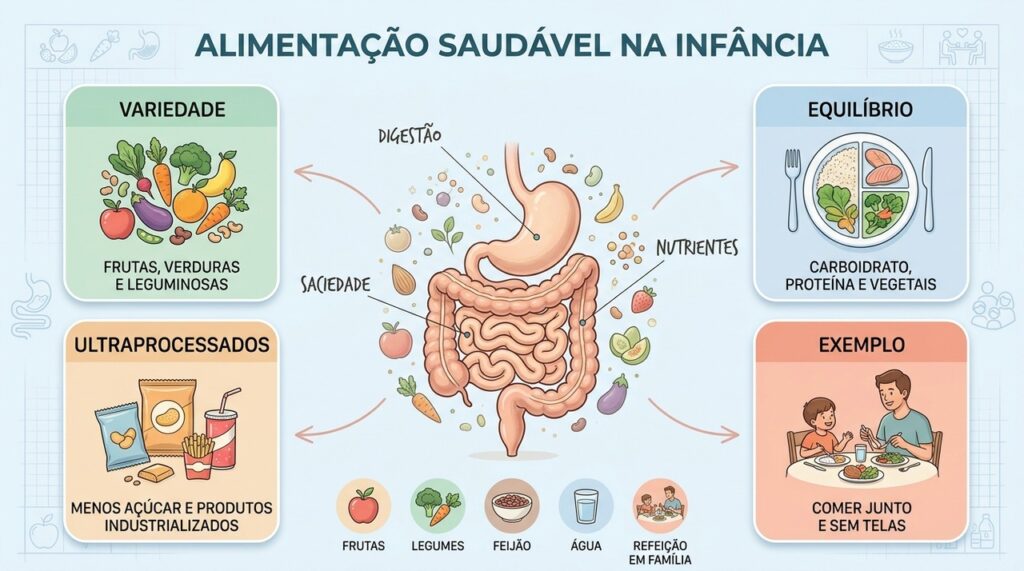 Variedade, equilíbrio, menos ultraprocessados e bons exemplos fortalecem a alimentação infantil.