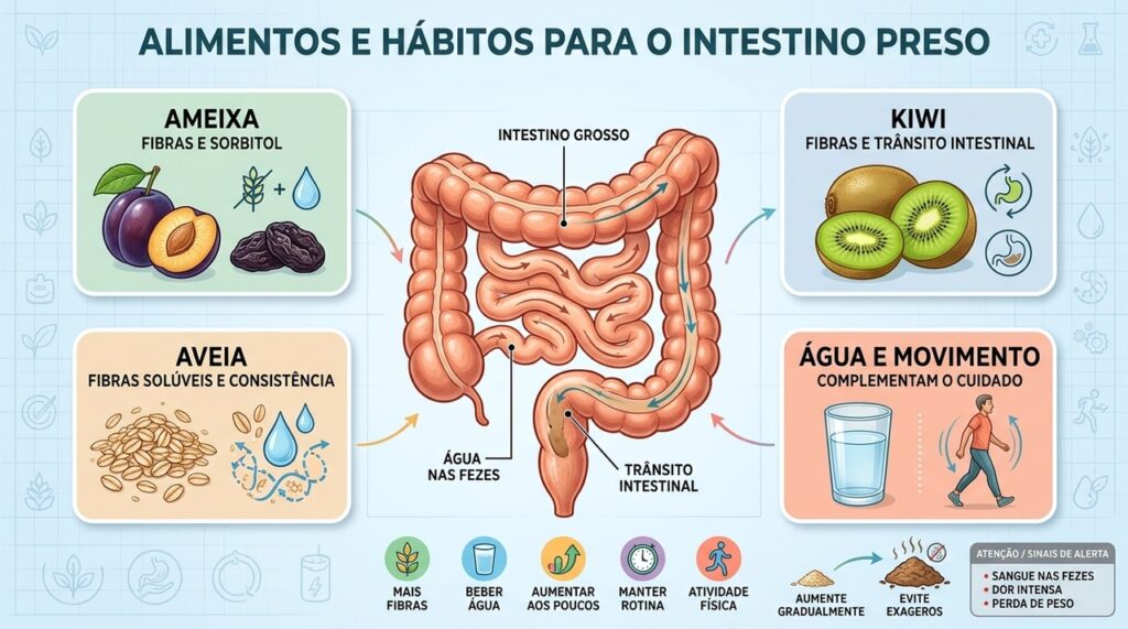 Ameixa, kiwi, aveia, água e movimento ajudam a melhorar o trânsito intestinal.