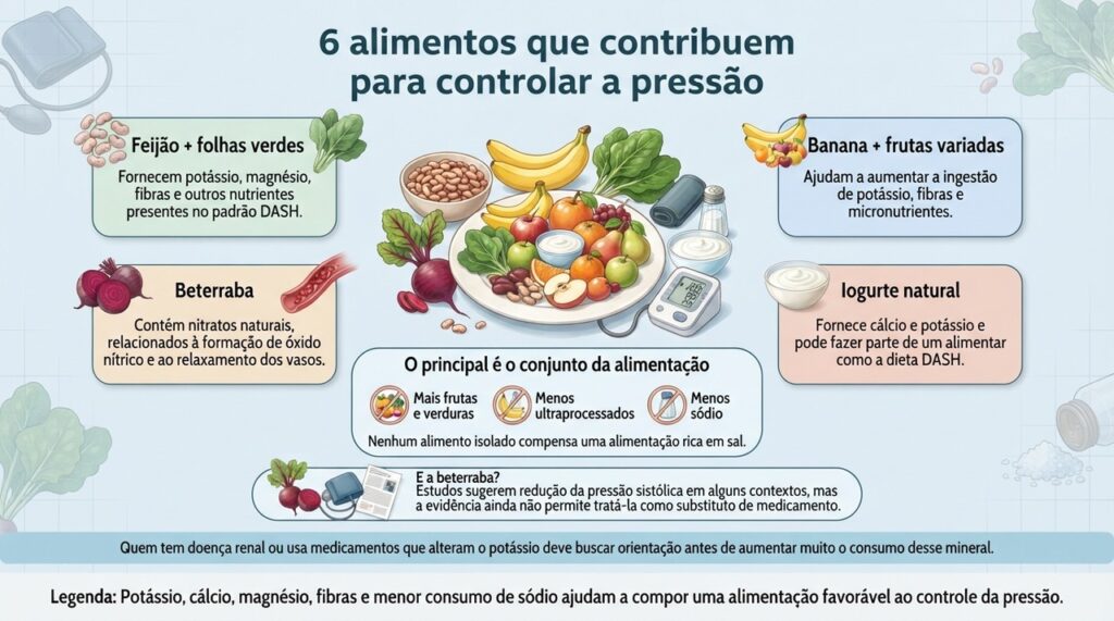 Potássio, cálcio, magnésio, fibras e menor consumo de sódio ajudam a compor uma alimentação favorável ao controle da pressão.