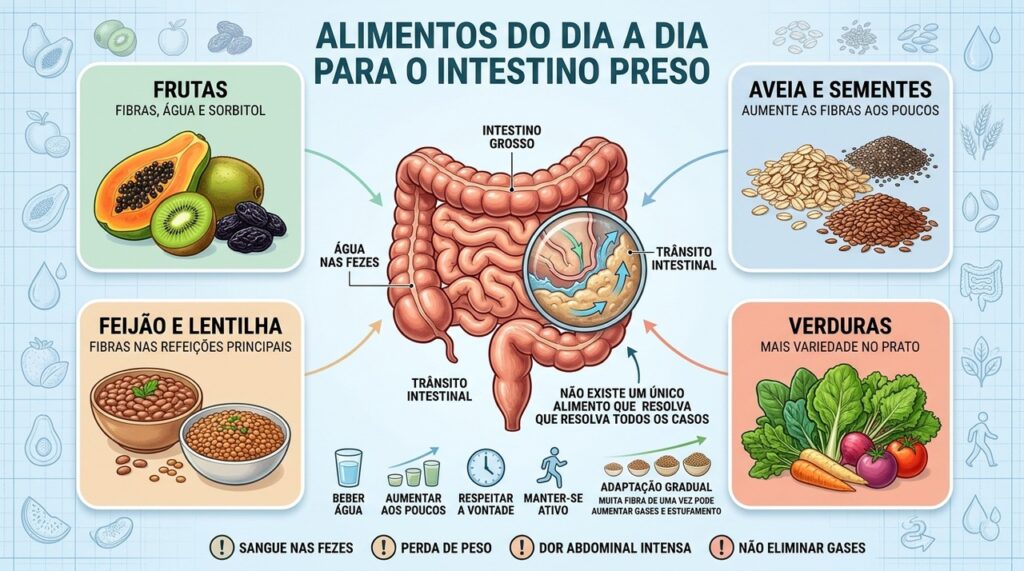 Frutas, aveia, leguminosas e verduras fornecem fibras que favorecem o trânsito intestinal.
