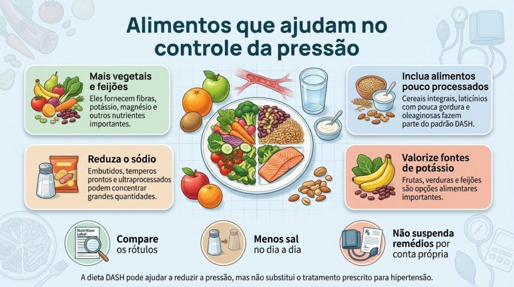 O padrão DASH combina alimentos ricos em fibras e minerais com redução do sódio para ajudar no controle da pressão arterial.