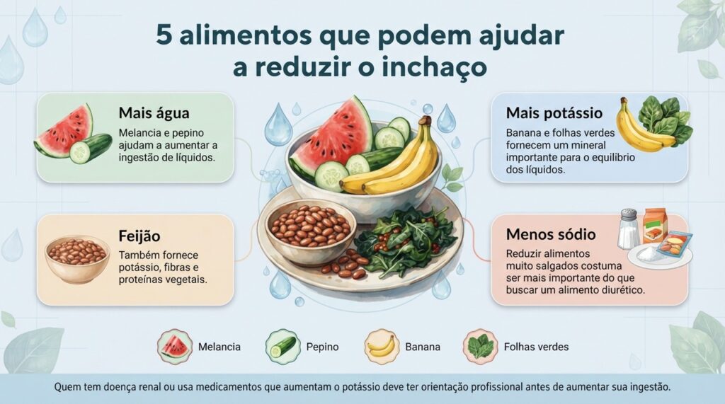 Melancia, pepino, banana, feijão e folhas verdes podem contribuir para uma alimentação com mais água, potássio e menos sódio.