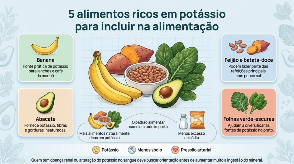 Fontes de potássio podem contribuir para o controle da pressão quando fazem parte de uma alimentação equilibrada e com menor excesso de sódio.