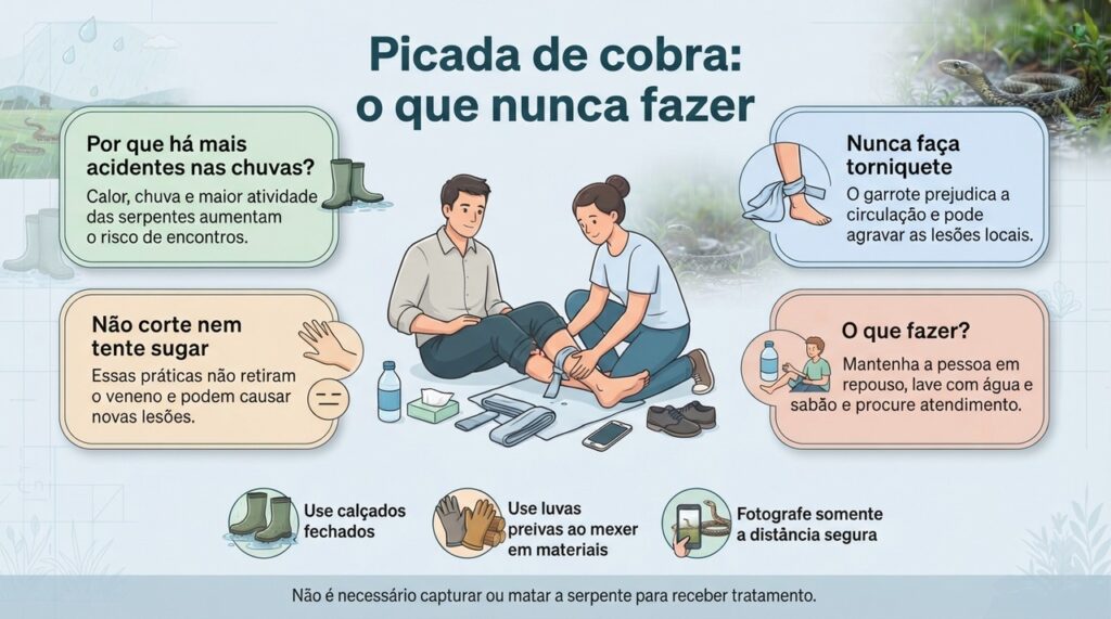 Após uma picada, o atendimento rápido e os cuidados corretos são mais importantes do que tentar conter ou retirar o veneno em casa.