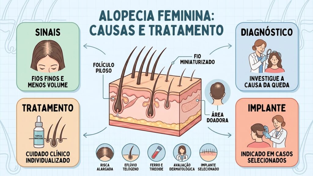 Conheça os sinais da alopecia feminina, as causas possíveis e quando o implante capilar pode ajudar.