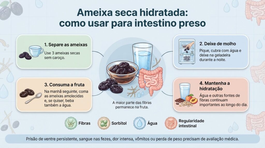 Consumir a ameixa hidratada junto de uma boa ingestão de líquidos pode ajudar a deixar as fezes mais macias e facilitar a evacuação.