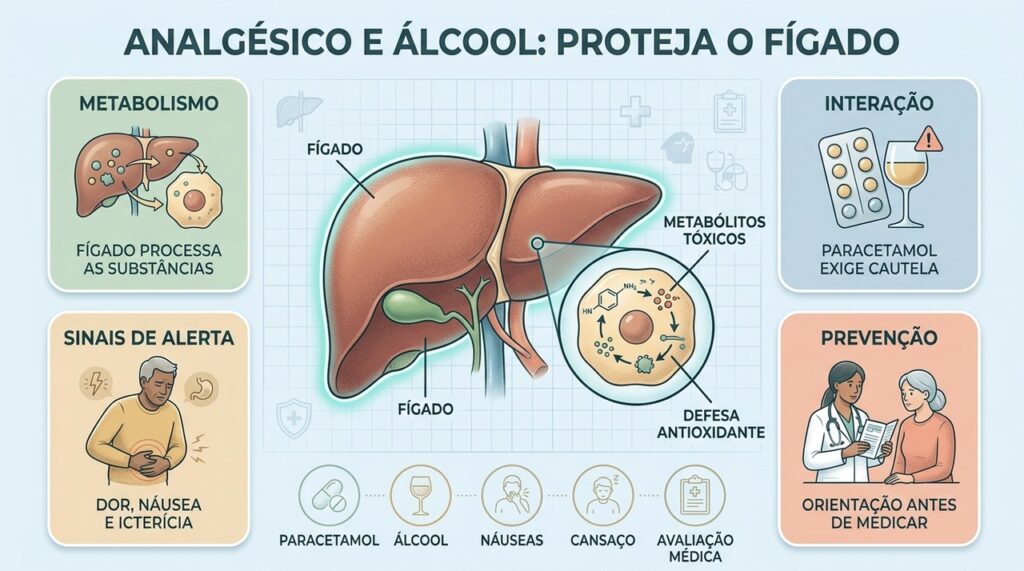 Metabolismo hepático, sinais de alerta e orientação profissional são essenciais para prevenir lesões relacionadas ao paracetamol e ao álcool.