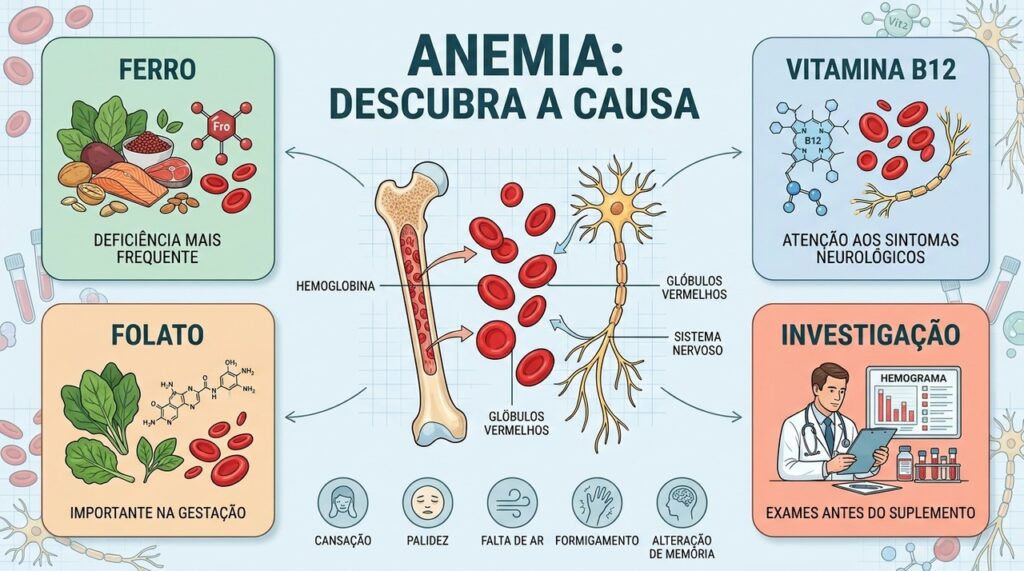 Ferro, B12, folato e perdas sanguíneas exigem investigação antes de iniciar suplementação.