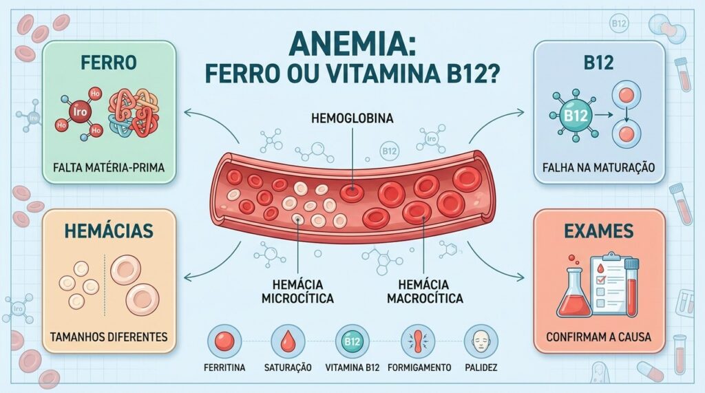 Ferro e B12 produzem alterações distintas nas hemácias, sintomas, causas e exames necessários.