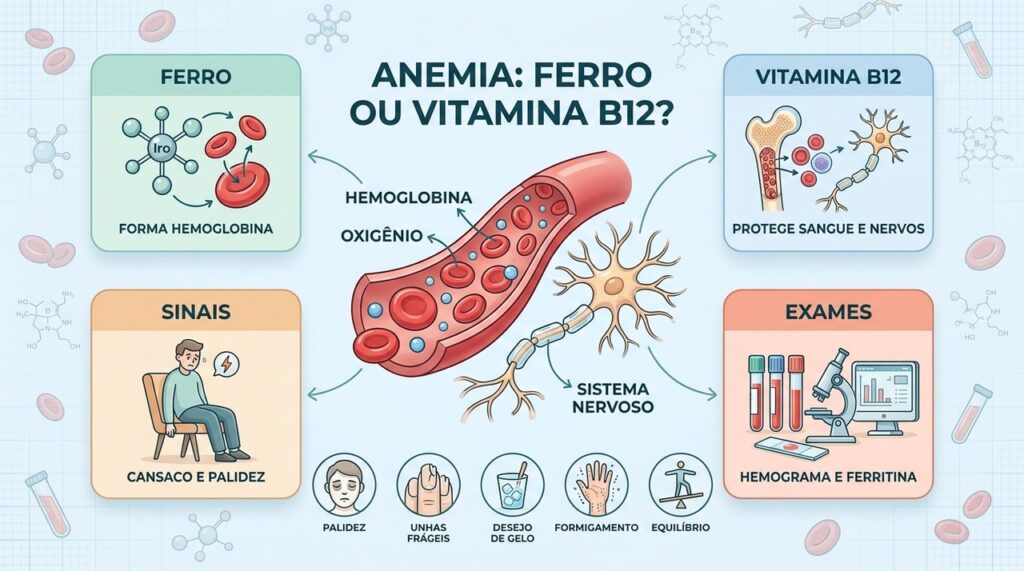 Exames diferenciam anemia por ferro da deficiência de B12 e orientam o tratamento adequado.