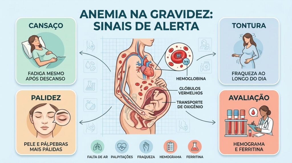 Cansaço, tontura e palidez podem justificar hemograma e ferritina durante o pré-natal.