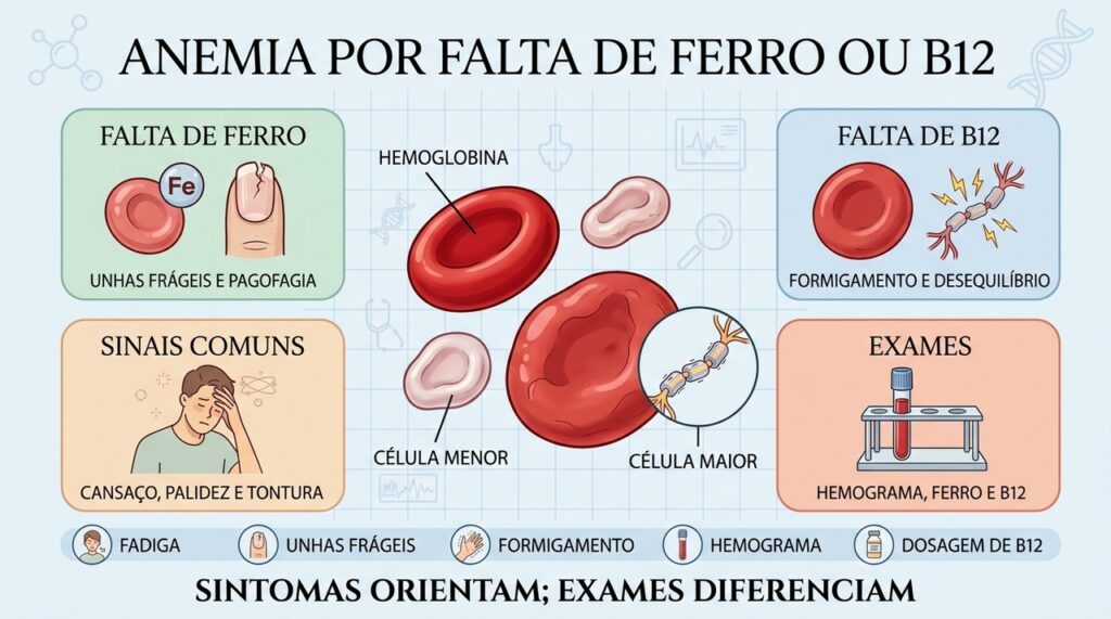Ferro baixo e falta de B12 compartilham sintomas, mas exigem exames para diferenciar suas causas.