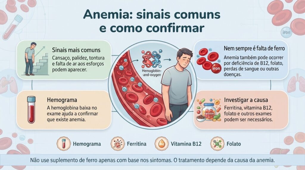 O hemograma confirma a anemia, enquanto exames complementares ajudam a descobrir se há deficiência de ferro ou outra causa.