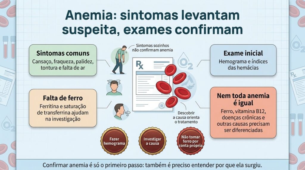 O hemograma identifica a anemia e exames complementares ajudam a definir se há deficiência de ferro ou outra causa.