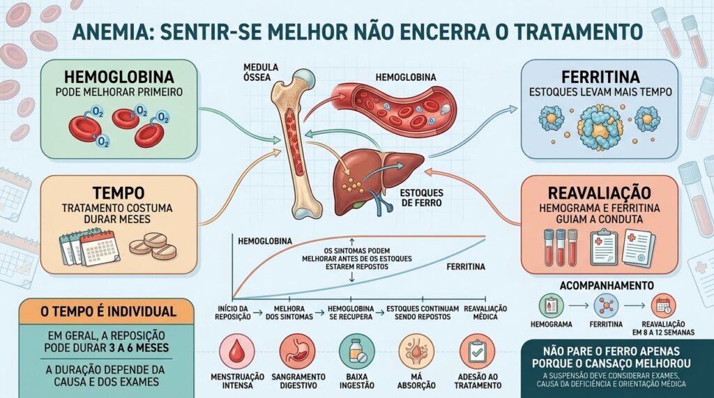 Hemoglobina melhora primeiro, enquanto ferritina e estoques exigem reposição mais prolongada.