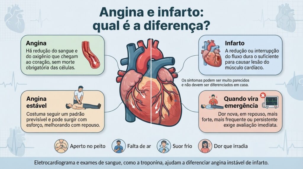 Angina e infarto podem causar sintomas parecidos, mas o infarto envolve lesão do músculo cardíaco e exige atendimento imediato.