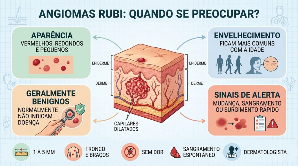 Tamanho, evolução e sangramento ajudam a identificar quando bolinhas vermelhas merecem avaliação.