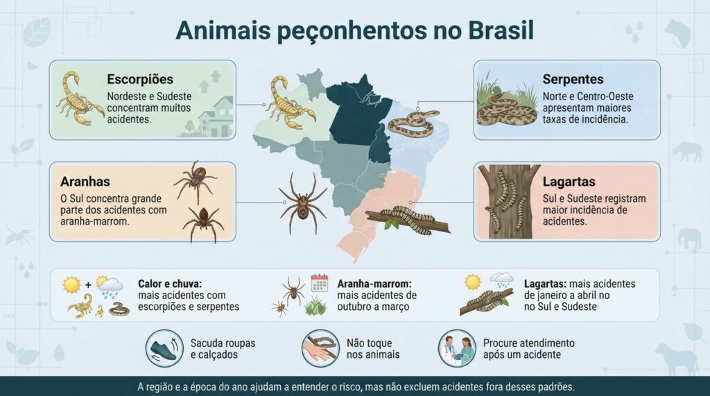 A frequência dos acidentes varia conforme a região, o clima e a época do ano, sem limitar cada animal a uma única área.