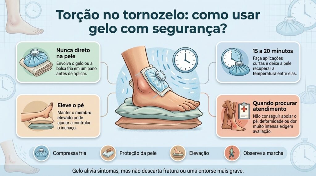 Após uma torção, compressa fria, elevação e observação da capacidade de apoiar o pé ajudam a orientar os primeiros cuidados.