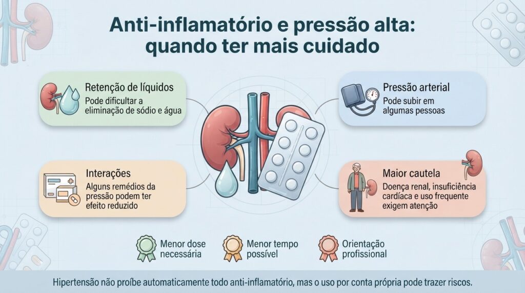 Quem tem hipertensão pode precisar de mais cautela com anti-inflamatórios, principalmente em uso frequente ou na presença de doença renal ou cardíaca.