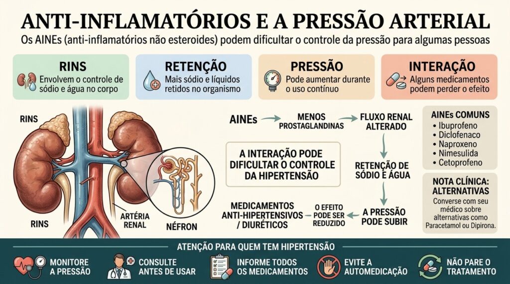AINEs podem reter sódio, afetar os rins e reduzir efeitos anti-hipertensivos.