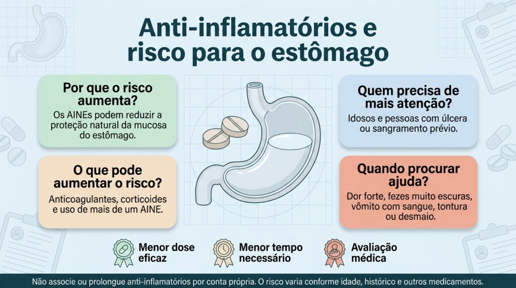 O risco de úlcera e sangramento com anti-inflamatórios varia conforme os fatores individuais e o modo de uso.