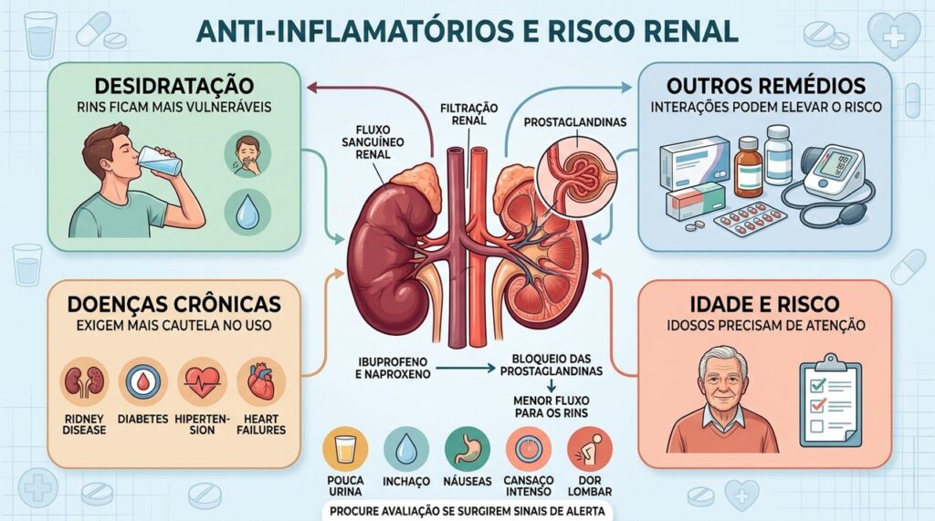 Desidratação, doenças crônicas e outros remédios podem aumentar o risco renal dos AINEs.
