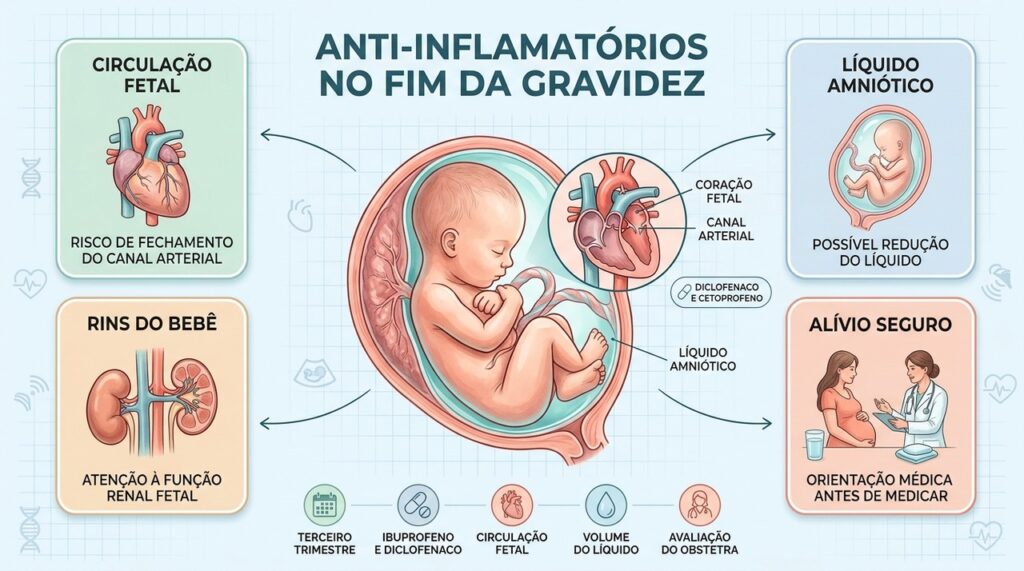 Ibuprofeno e diclofenaco podem afetar a circulação fetal, os rins do bebê e o líquido amniótico.