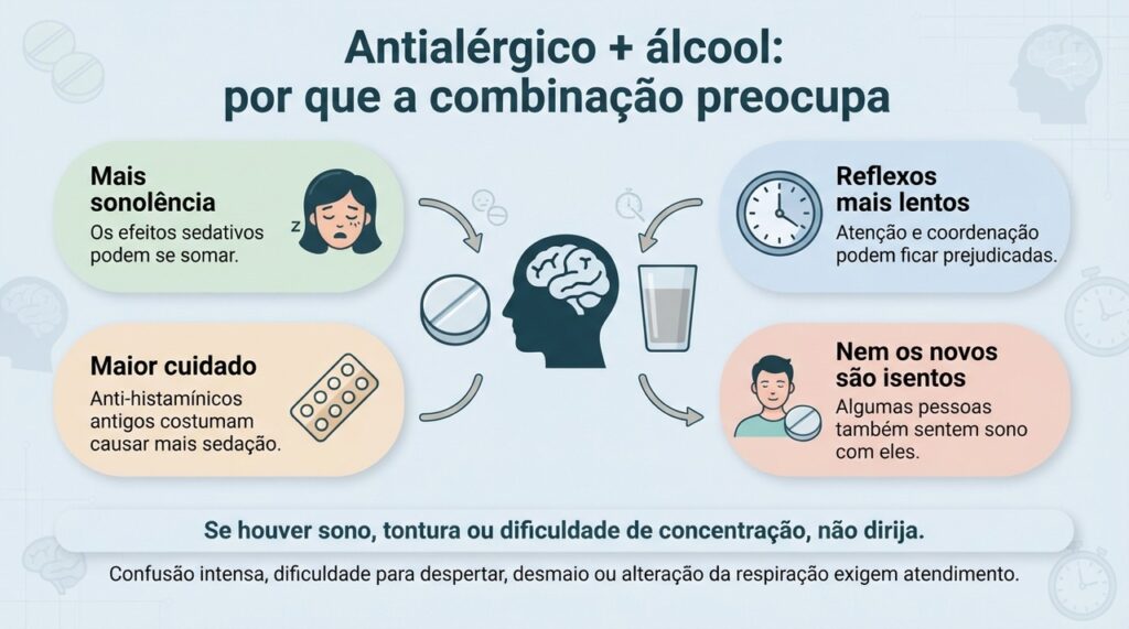 A combinação de álcool com antialérgicos pode aumentar sonolência e comprometer atenção, coordenação e reflexos.