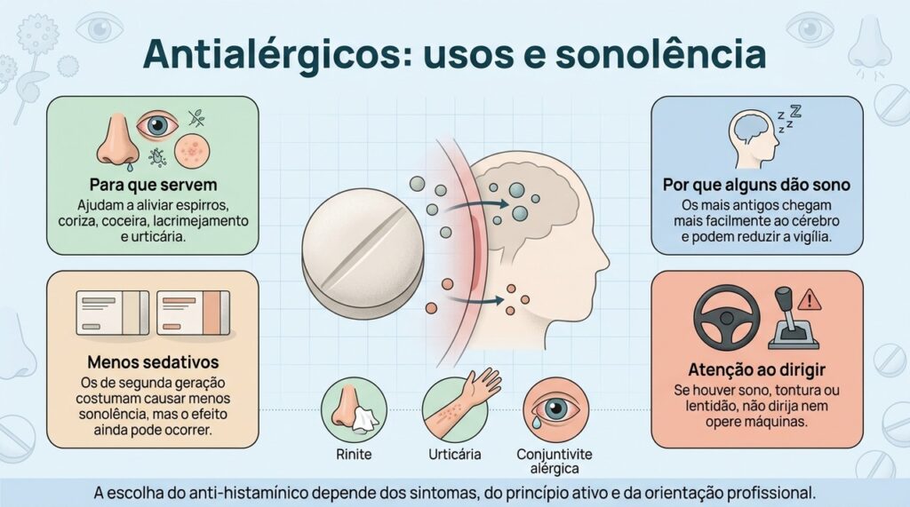 Os anti-histamínicos aliviam diferentes sintomas de alergia, mas o potencial de causar sono varia conforme o medicamento.