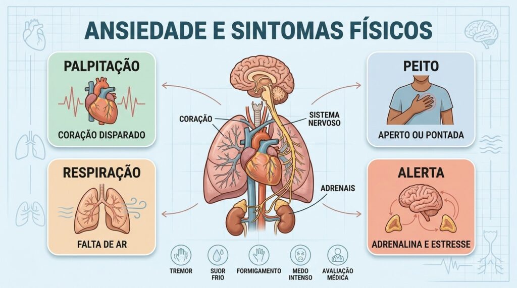 Palpitação, falta de ar e medo intenso podem acompanhar crises de ansiedade.