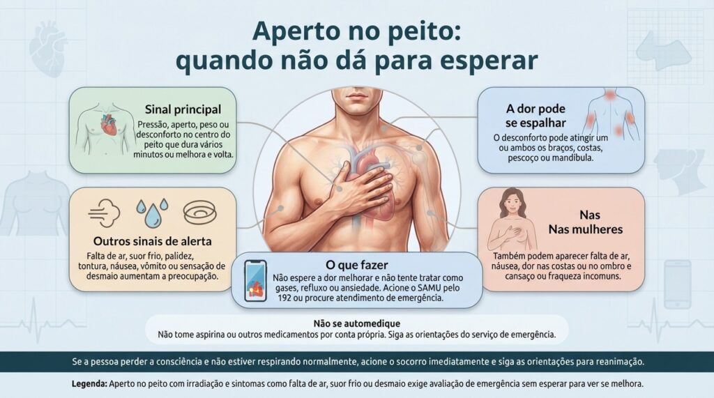 Aperto no peito com irradiação e sintomas como falta de ar, suor frio ou desmaio exige avaliação de emergência sem esperar para ver se melhora.