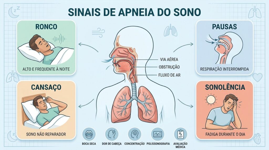 Ronco, pausas respiratórias e sonolência diurna são sinais que justificam investigação do sono.