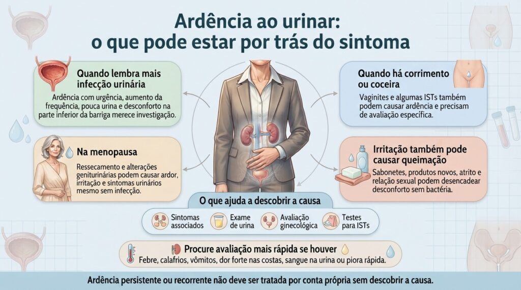 Ardência ao urinar não aponta para uma única doença; sintomas associados e exames ajudam a diferenciar as possíveis causas.