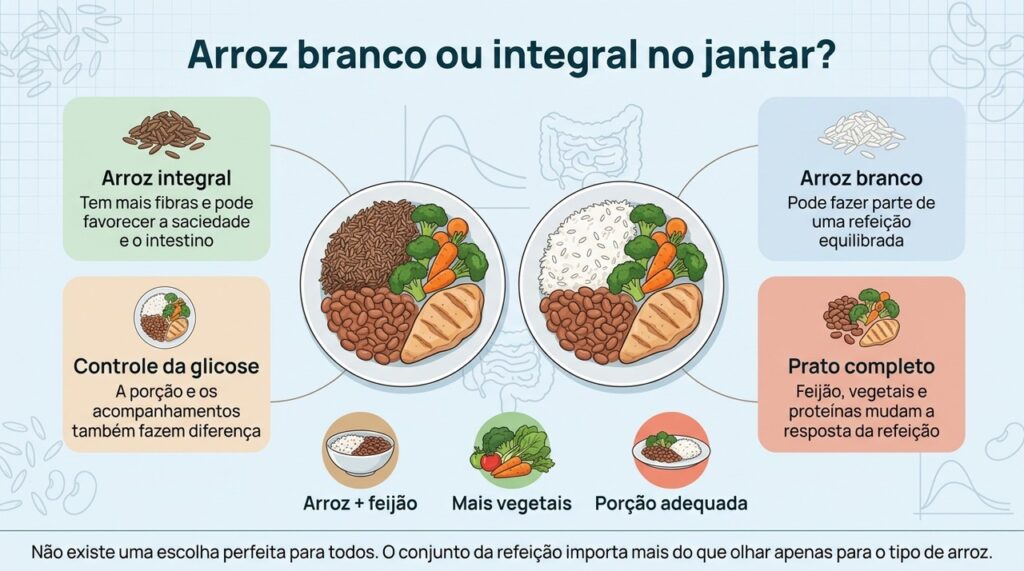 Para saciedade, intestino e controle da glicose, vale olhar para o tipo de arroz, a porção e o prato como um todo.
