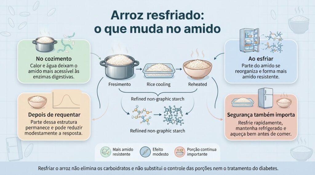 O resfriamento aumenta parte do amido resistente do arroz, mas quantidade consumida e composição da refeição continuam sendo mais importantes para a glicose.