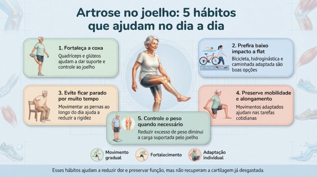 Exercício, fortalecimento, mobilidade e controle do peso estão entre as medidas mais recomendadas para artrose no joelho.