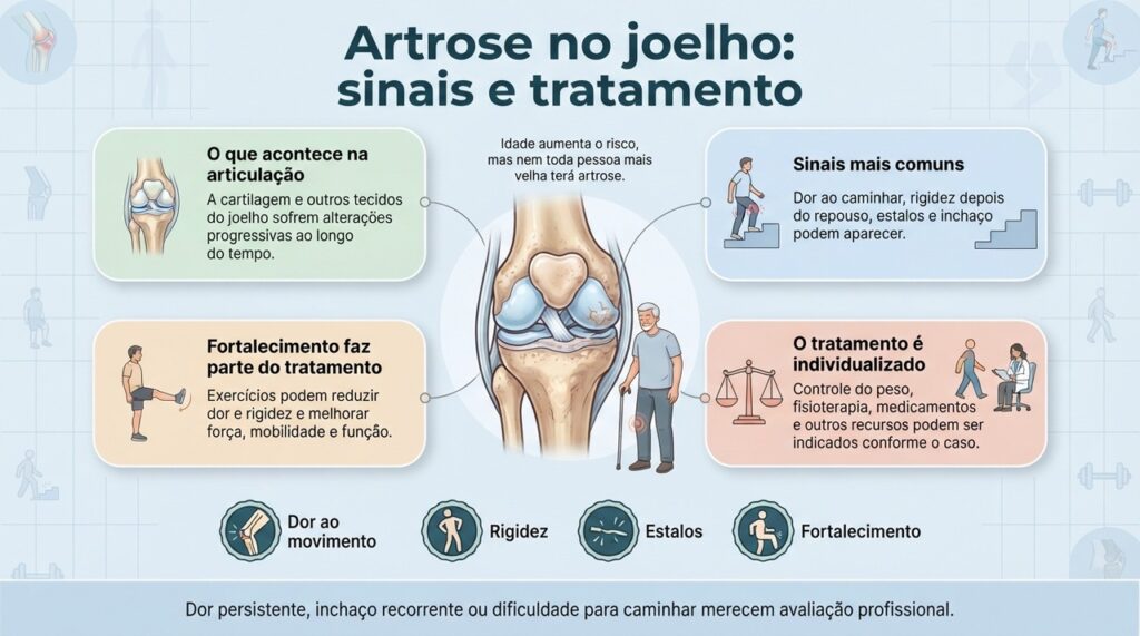 Exercício, fortalecimento muscular e controle do peso podem ajudar a reduzir sintomas e preservar a função do joelho.