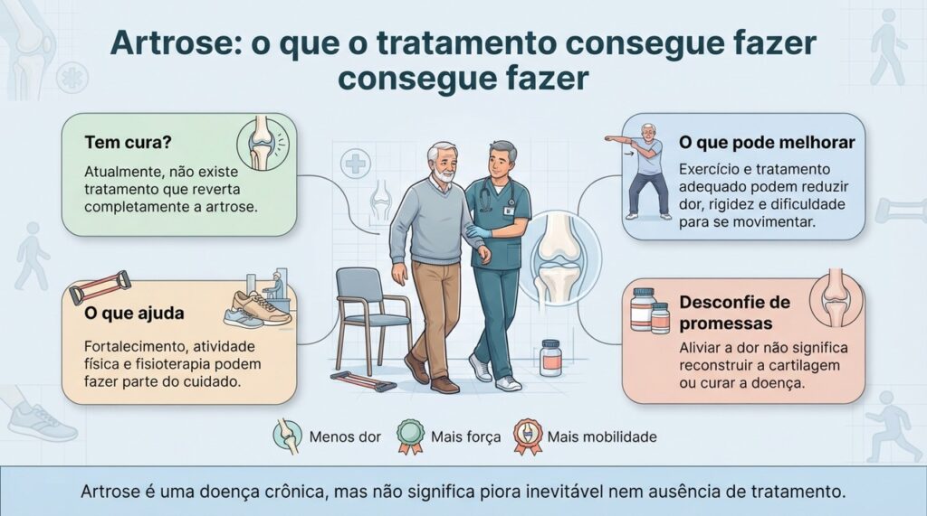O objetivo do tratamento é controlar os sintomas e manter a função, não prometer uma regeneração completa da articulação.