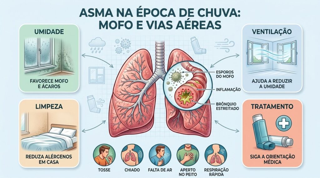 Mofo, umidade e ácaros favorecem inflamação e estreitamento das vias aéreas.