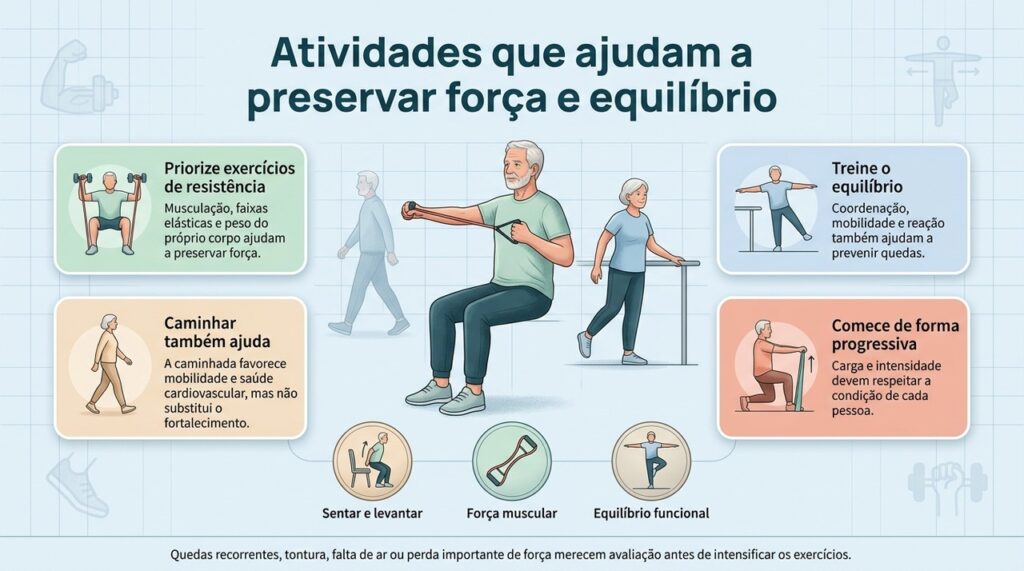 Combinar fortalecimento, equilíbrio, mobilidade e atividade aeróbica ajuda a preservar independência durante o envelhecimento.