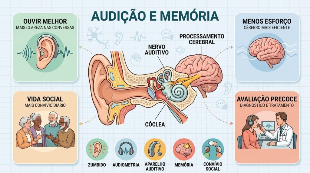 Audição preservada ajuda memória, comunicação e saúde cerebral durante o envelhecimento.