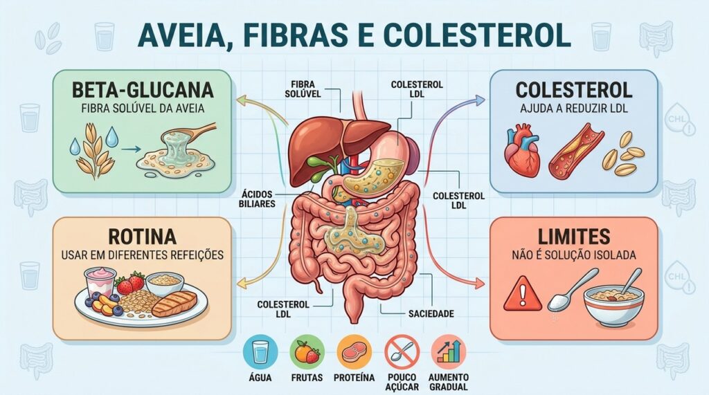 Fibras solúveis, refeições equilibradas e cautela orientam o uso da aveia.
