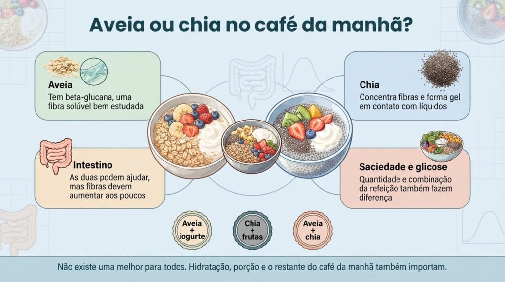 Para escolher entre aveia e chia, vale considerar tolerância intestinal, forma de consumo e o restante da refeição.